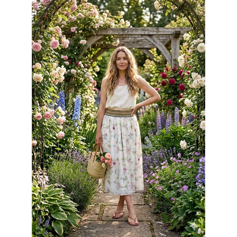 Womens Smocked Waist Floral Midi Skirt White Embroidered Pull On Lined Boho sz s